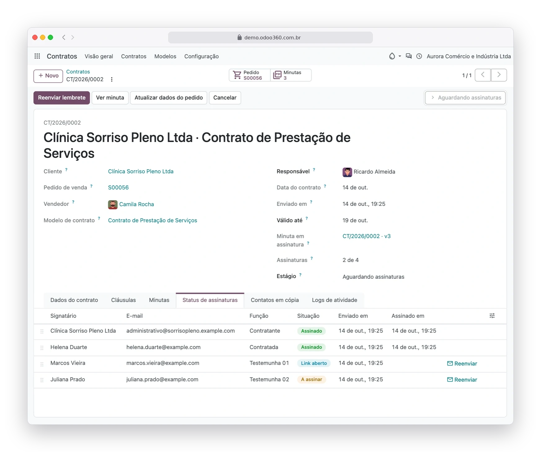 Status de assinaturas do contrato no Odoo365 com signatários assinados, link aberto e a assinar