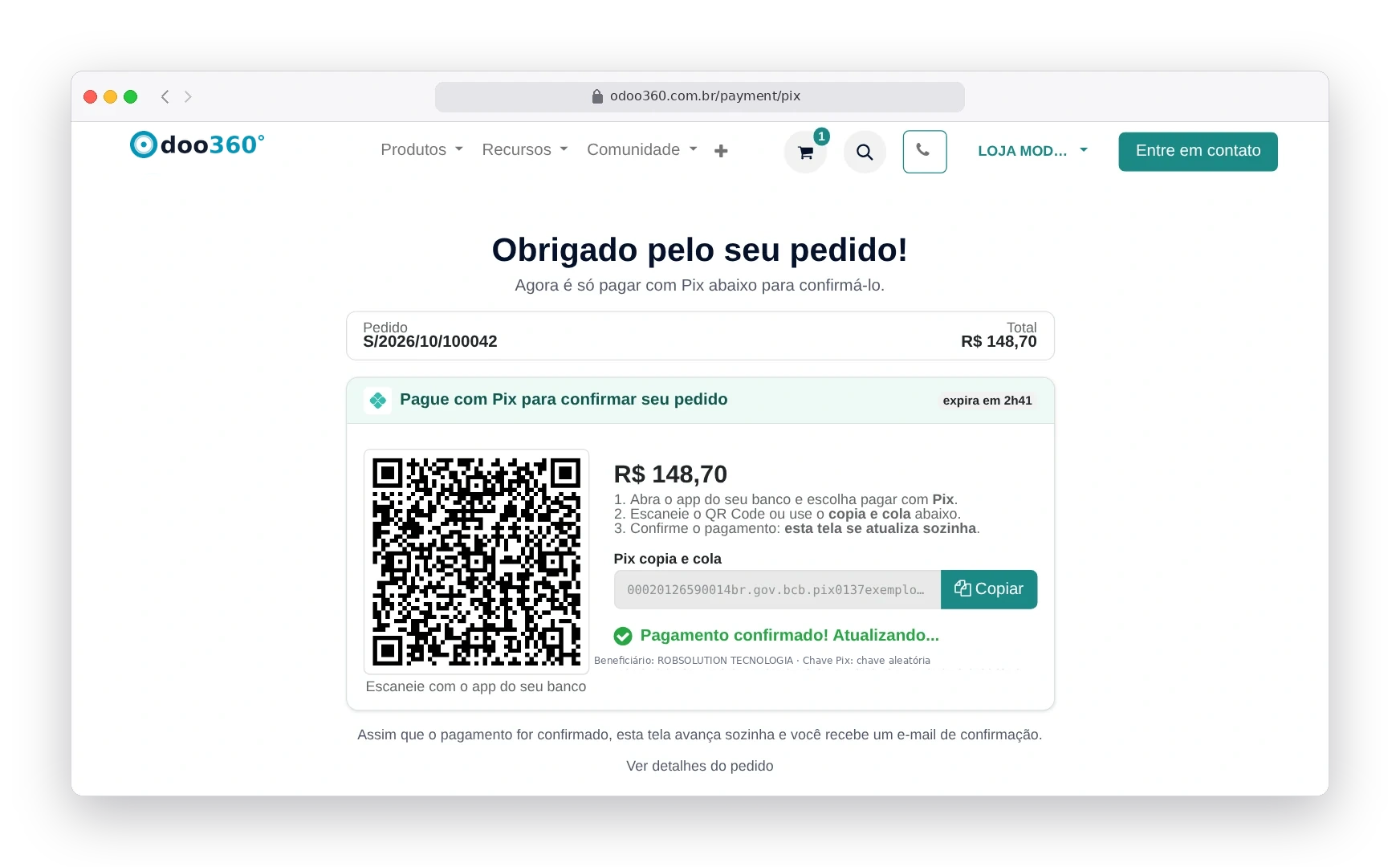 Tela do Pix no Odoo365 com o pagamento confirmado: a página avança sozinha para os próximos passos