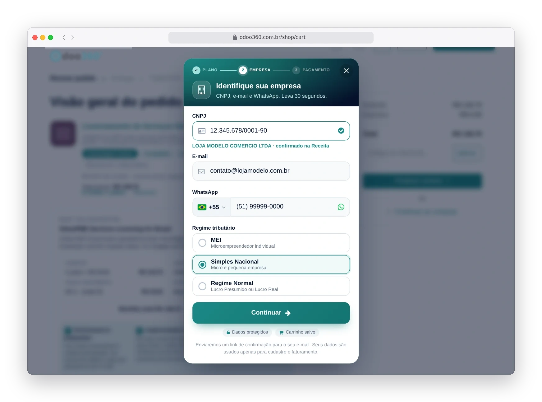 Janela de cadastro rápido do Odoo365 pedindo CNPJ, e-mail e regime tributário com as opções MEI, Simples Nacional e Regime Normal
