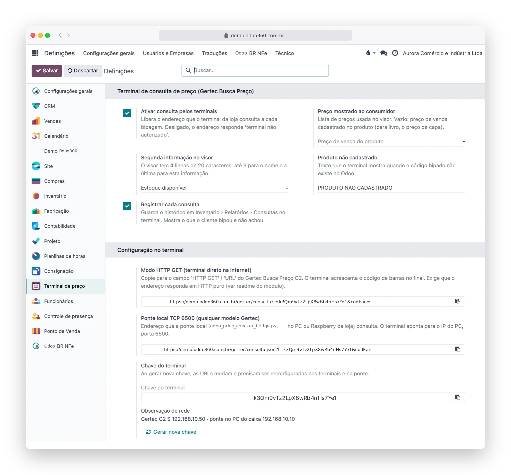 Tela de Definições do Odoo365 com a configuração do terminal de consulta de preço