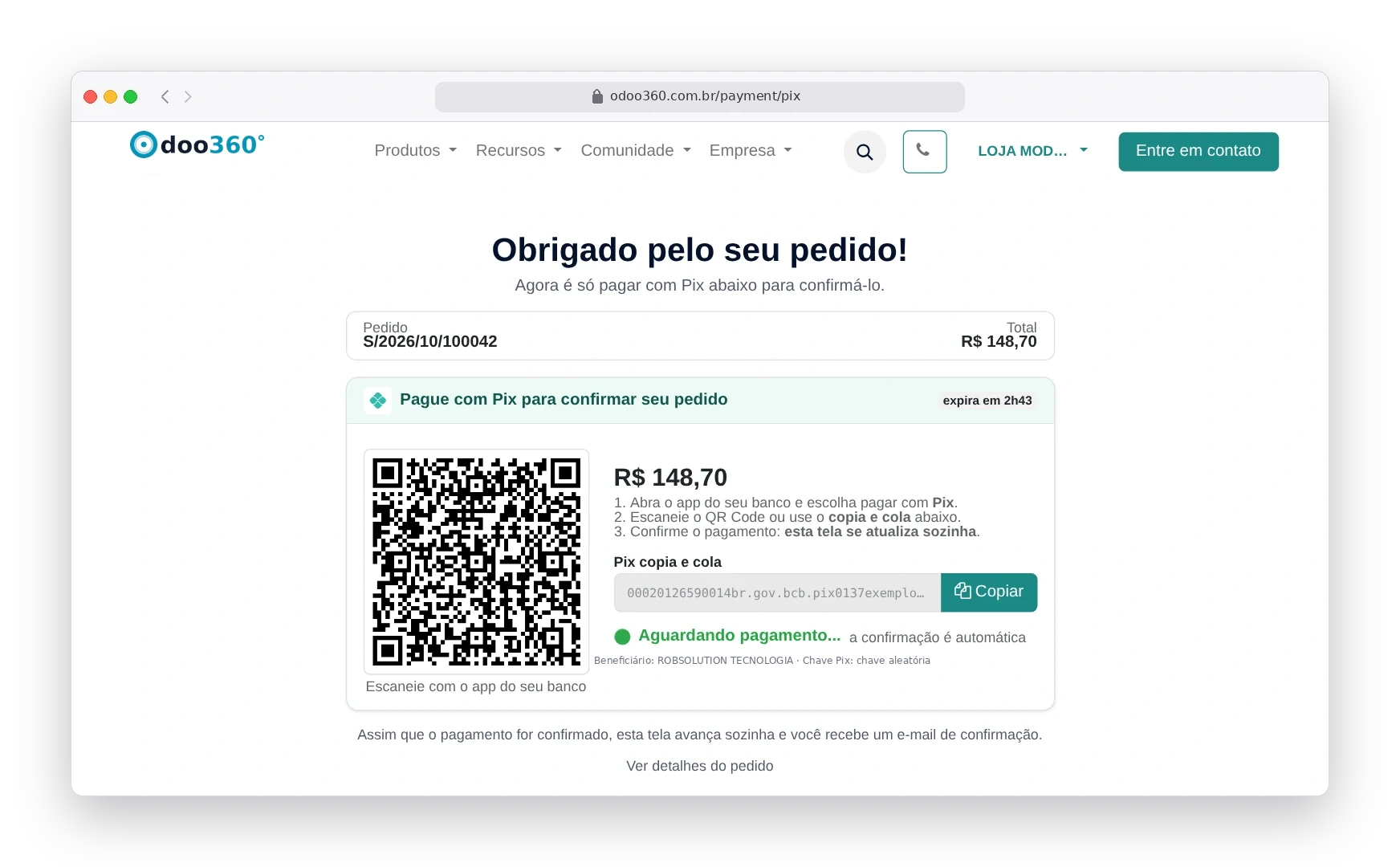 Tela do Pix gerado no Odoo365 com QR Code, valor, código copia e cola e status aguardando pagamento