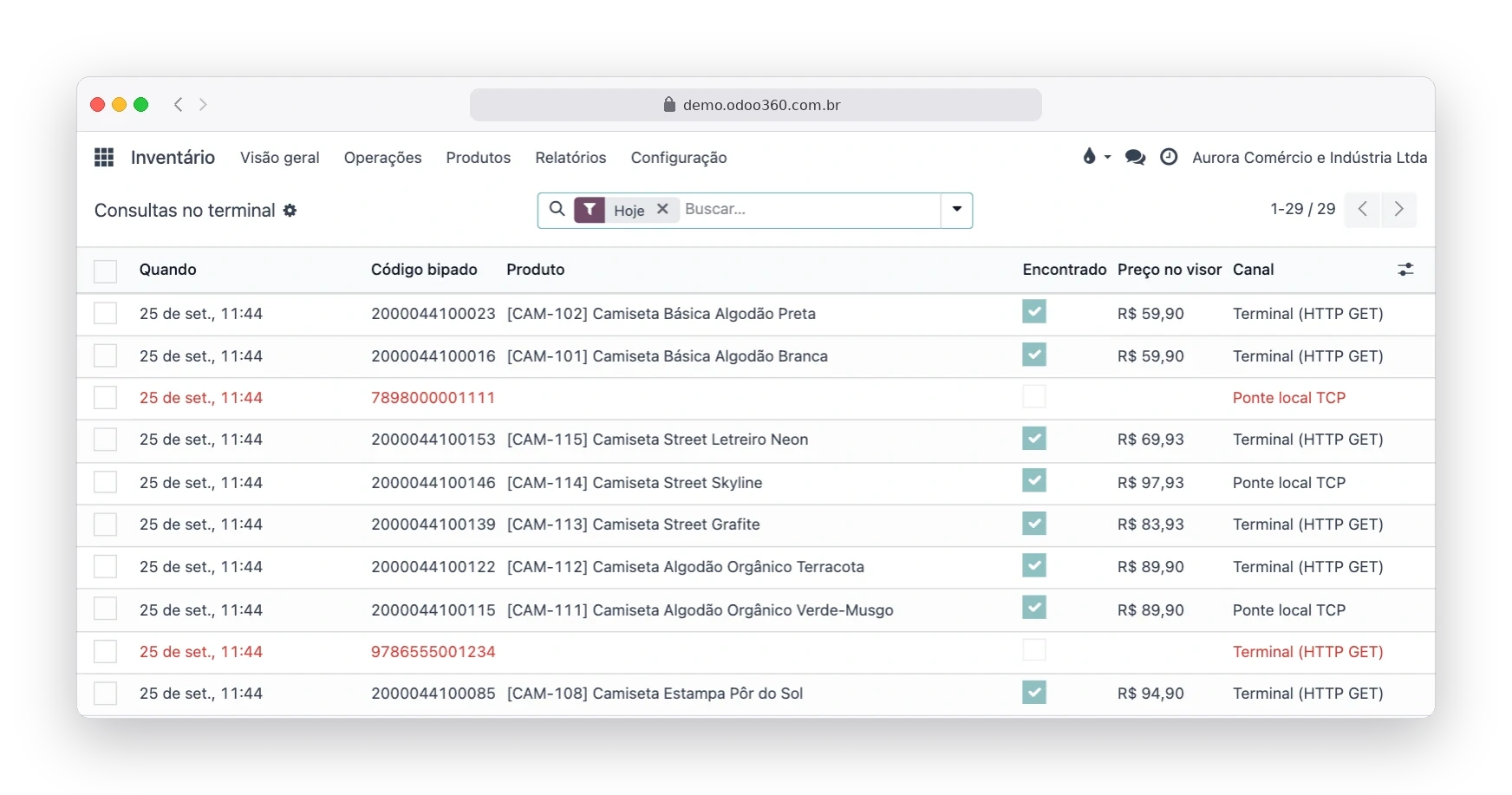 Relatório Consultas no terminal do Odoo365 com as bipagens do dia, preço mostrado e códigos não encontrados