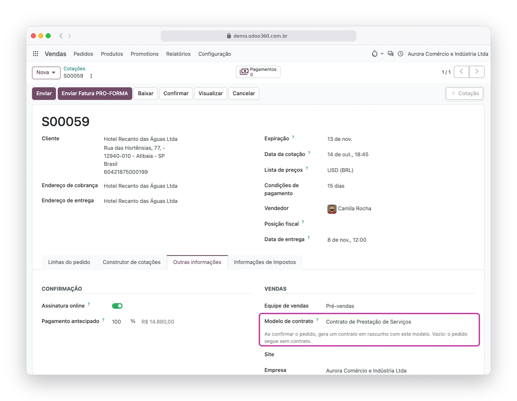 Pedido de venda do Odoo365 com o campo Modelo de contrato na aba Outras informações
