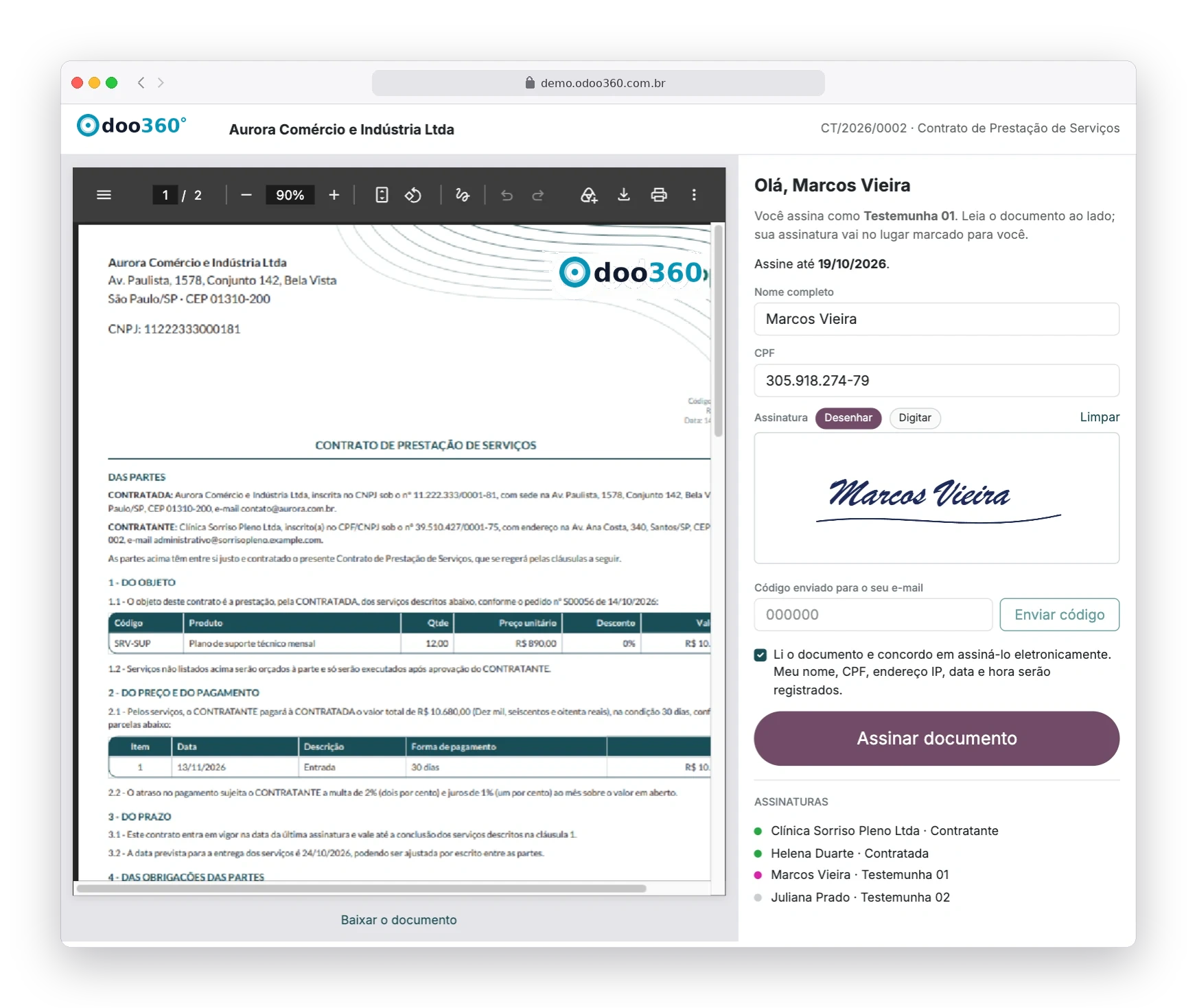 Página de assinatura eletrônica do contrato no Odoo365, com o documento ao lado, assinatura desenhada e código enviado por e-mail