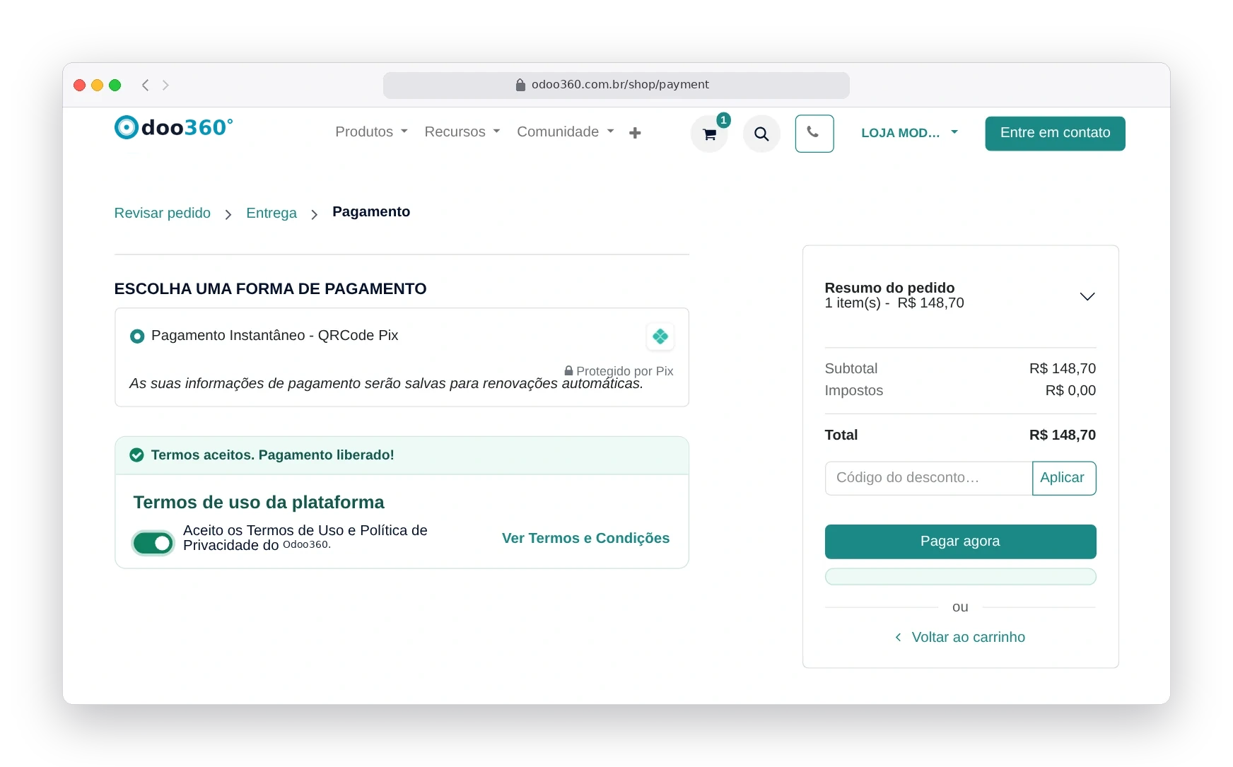 Tela de pagamento do Odoo365 com Pix selecionado, termos de uso aceitos e botão Pagar agora liberado