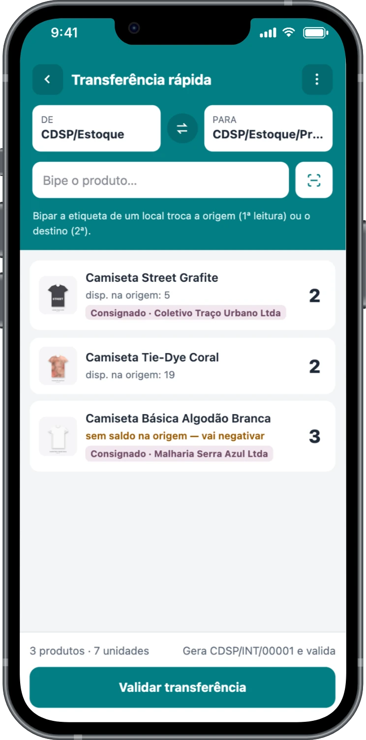 Transferência rápida no celular entre o estoque e a prateleira, com saldo na origem e produtos consignados