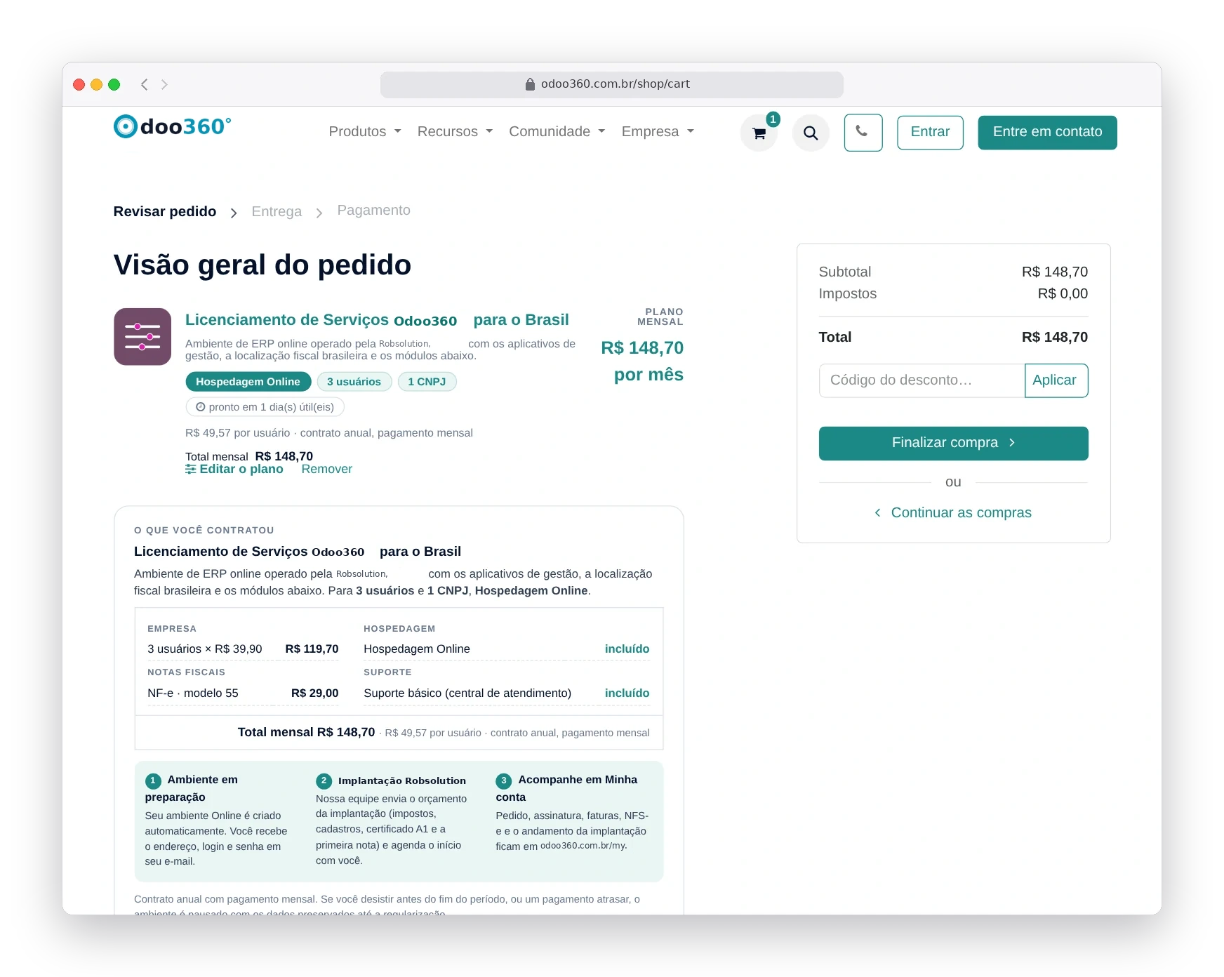 Carrinho com uma única linha do plano Odoo365 de R$ 148,70 por mês e o card da contratação